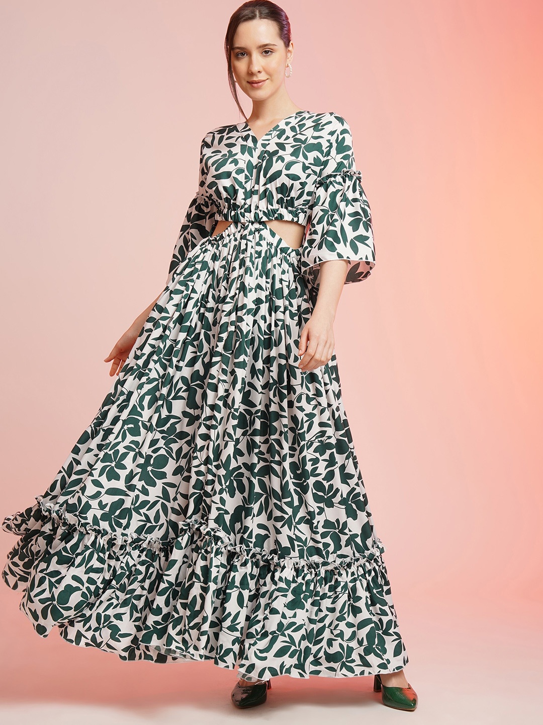 

SHEETAL Associates Printed Bell Sleeves Fit & Flare Maxi Dress, White