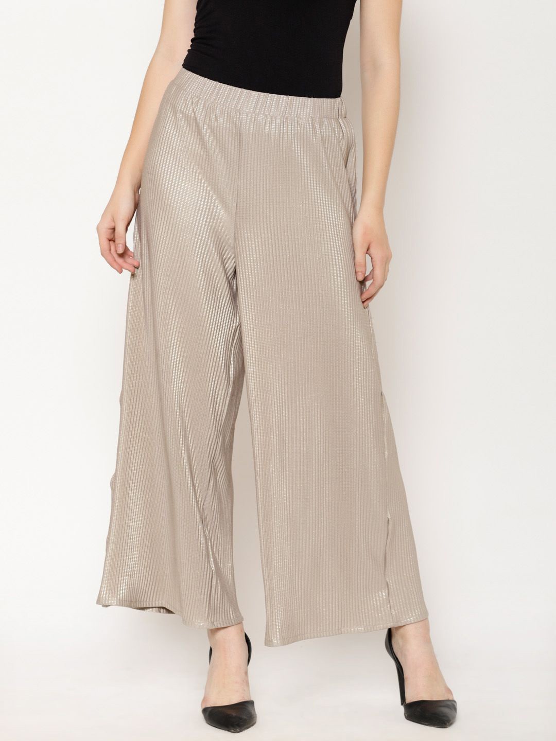 

HOUSE OF KKARMA Women Striped Knitted Palazzos, Grey