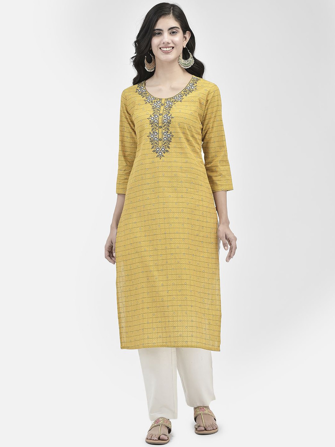 

Span Women Checked Straight Calf Length Kurta, Yellow