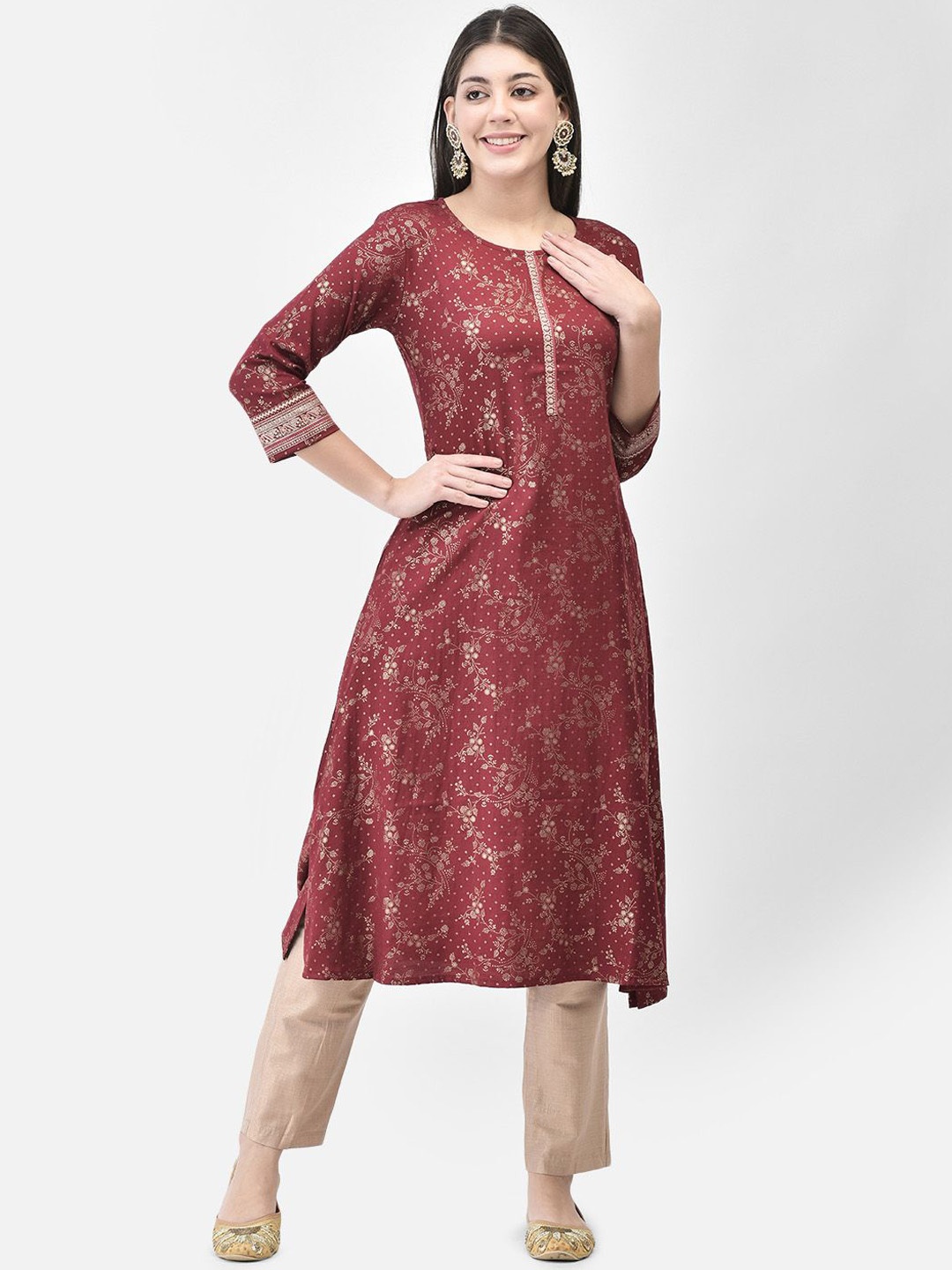 

Span Women Printed A-line Calf Length Kurta, Maroon