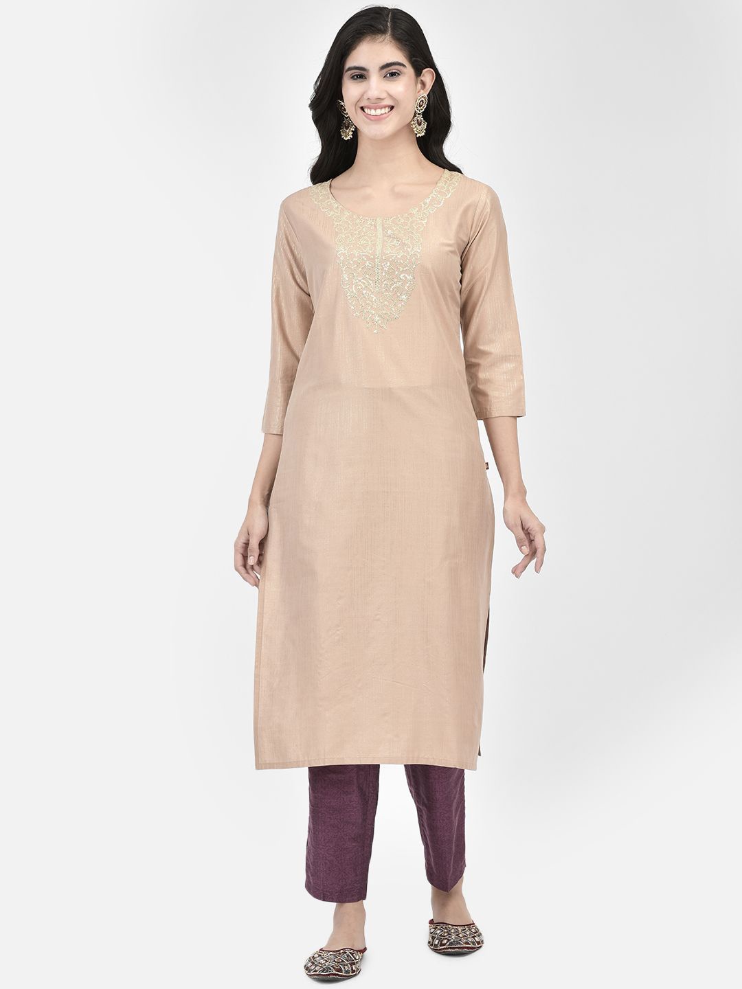 

Span Women Yoke Design Thread Work Straight Calf Length Kurta, Beige