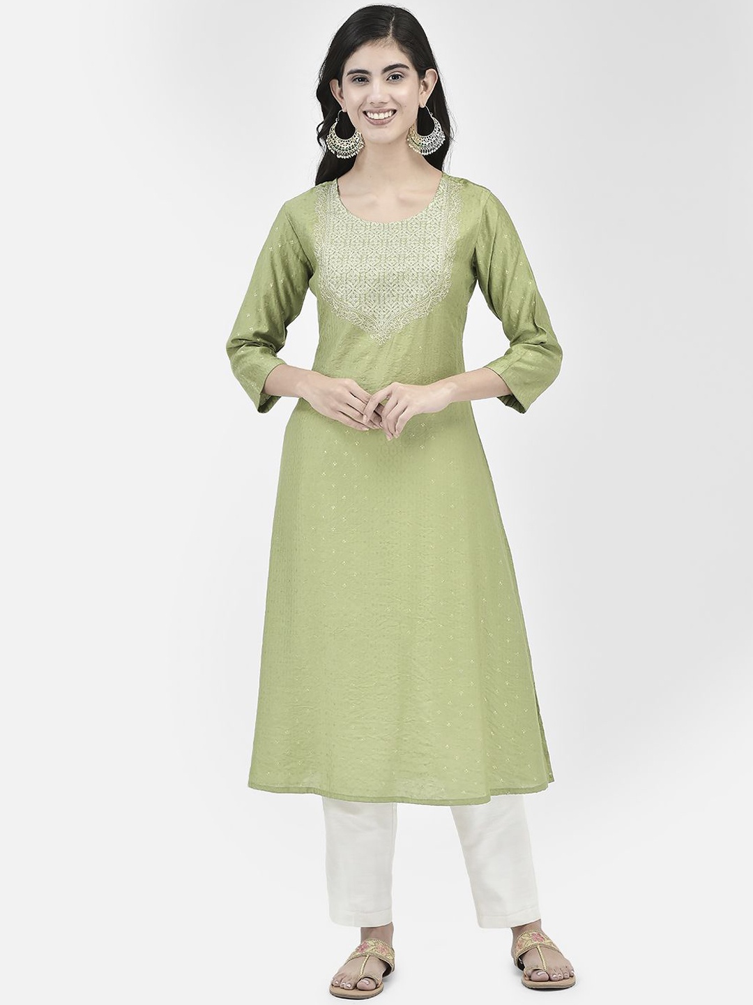 

Span Women Embroidered A-line Calf Length Kurta, Green