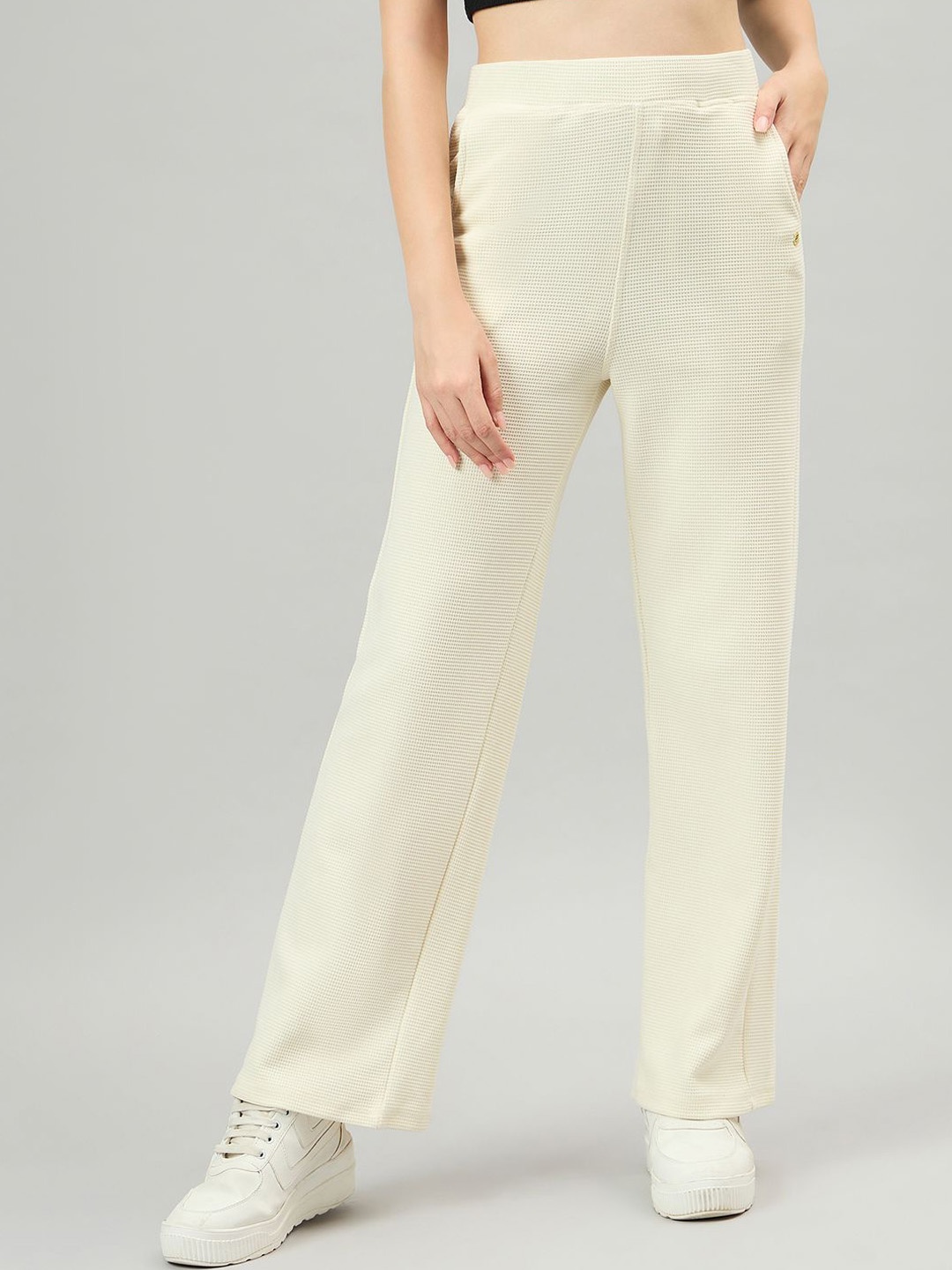 

FEMEA Women Cotton Mid-Rise Flared-Fit Track Pants, Off white