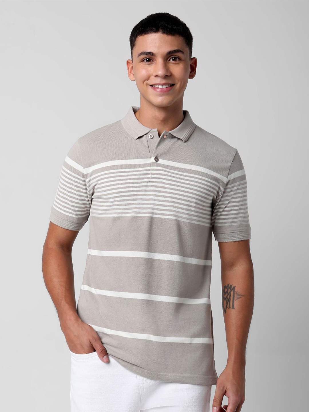 

R&B Men Striped Pattern Polo Collar Tshirt, Beige