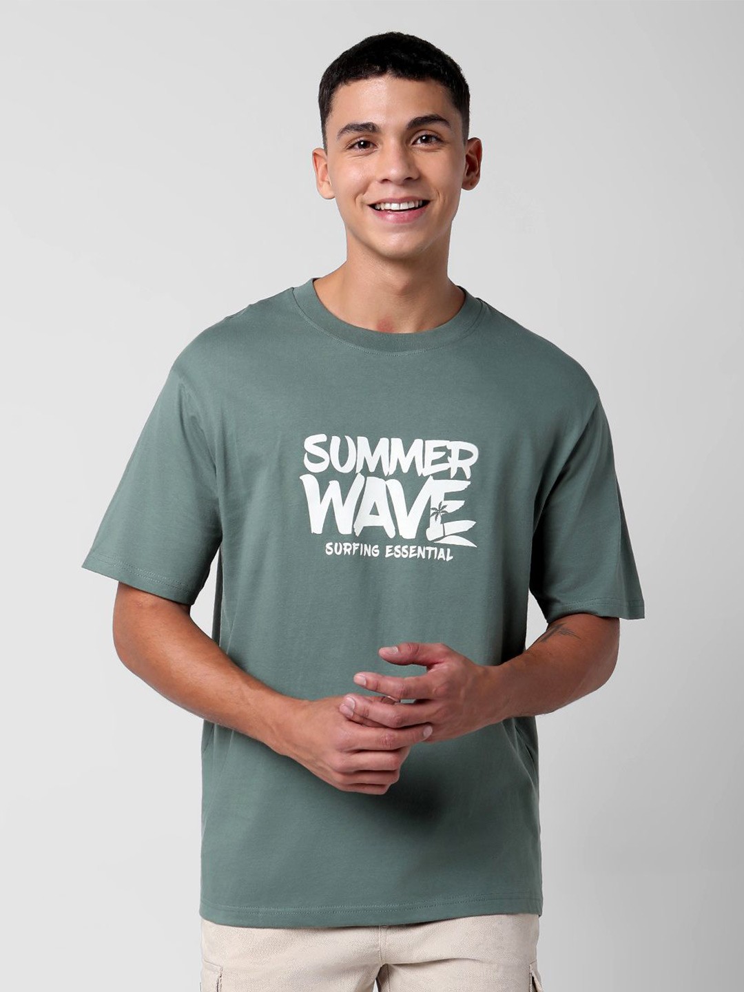 

R&B Men Typography Printed Oversized T-shirt, Green