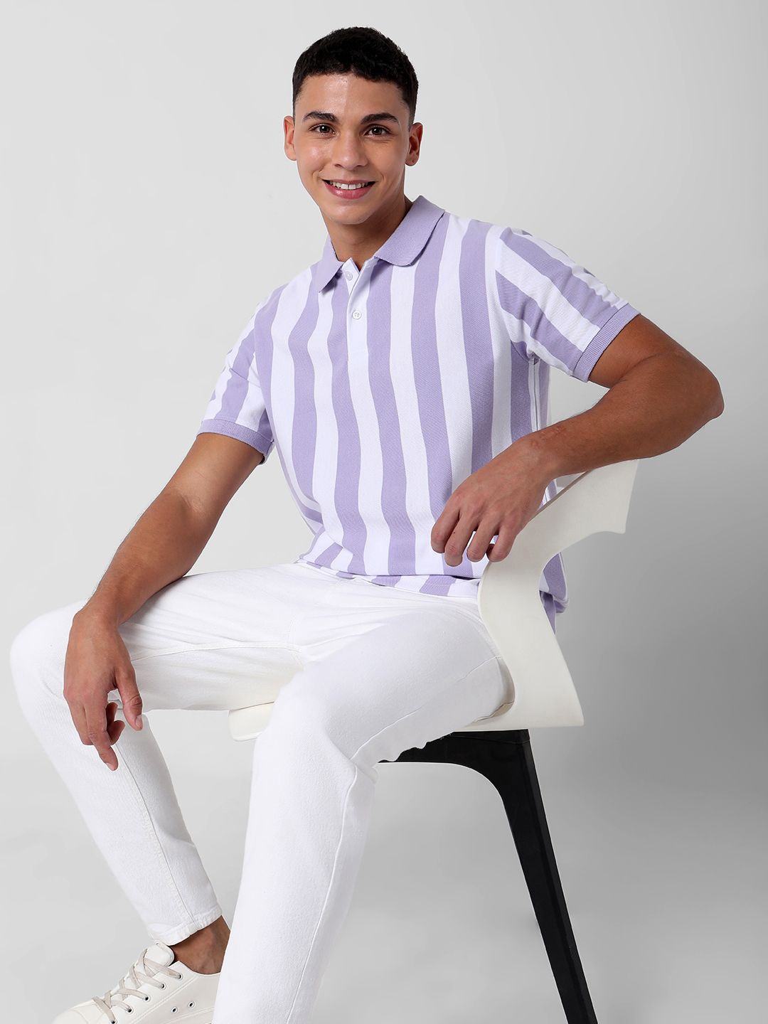 

R&B Men Striped Polo Collar T-shirt, Purple