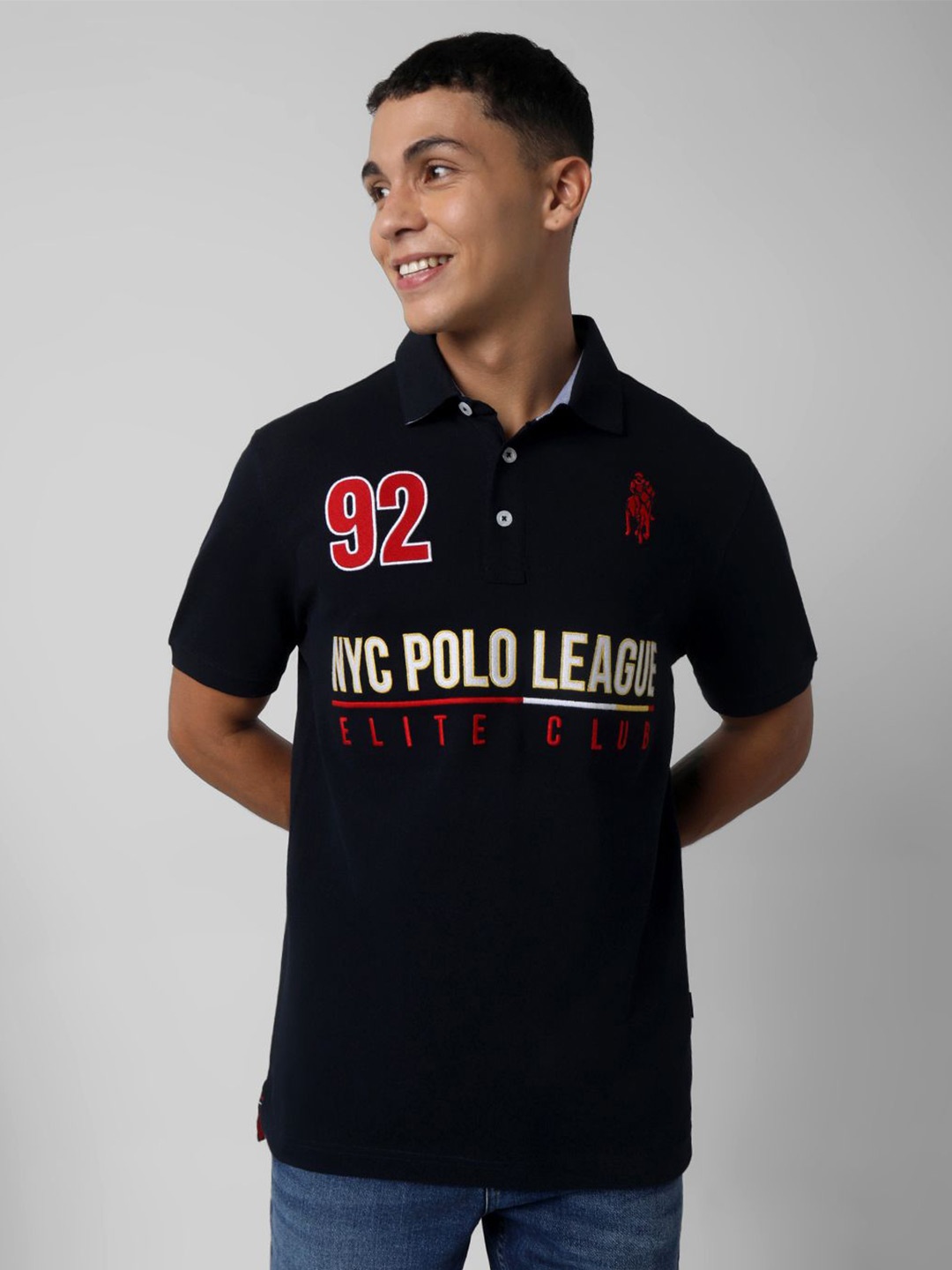 

R&B Men Typography Printed Polo Collar T-shirt, Blue