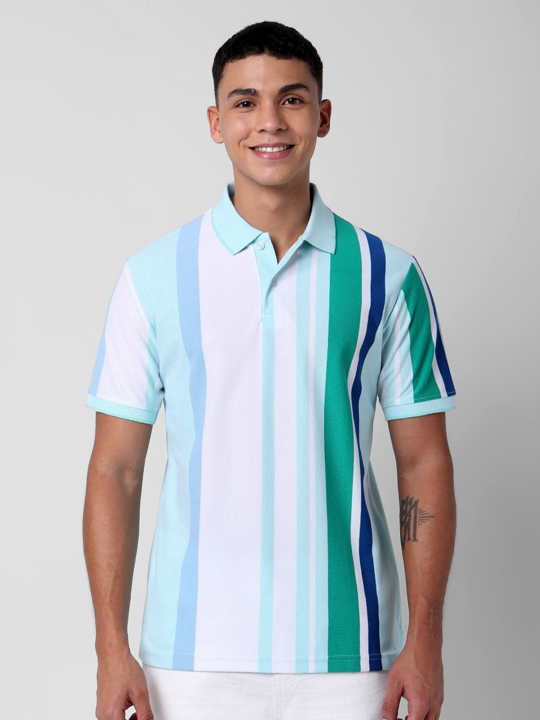 

R&B Men Striped Polo Collar Tshirt, Green