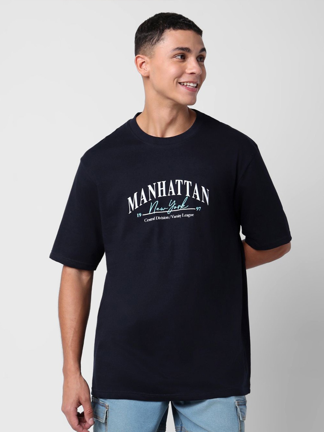 R&B Men Typography Printed Round Neck T-shirt, Navy blue