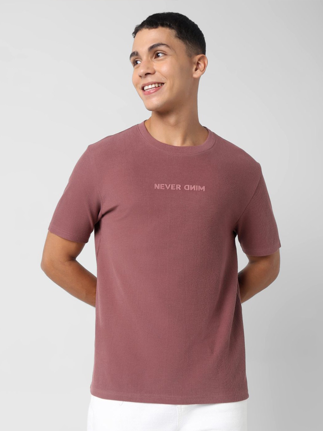 

R&B Men Typography Printed Knitted Cotton T-shirt, Pink