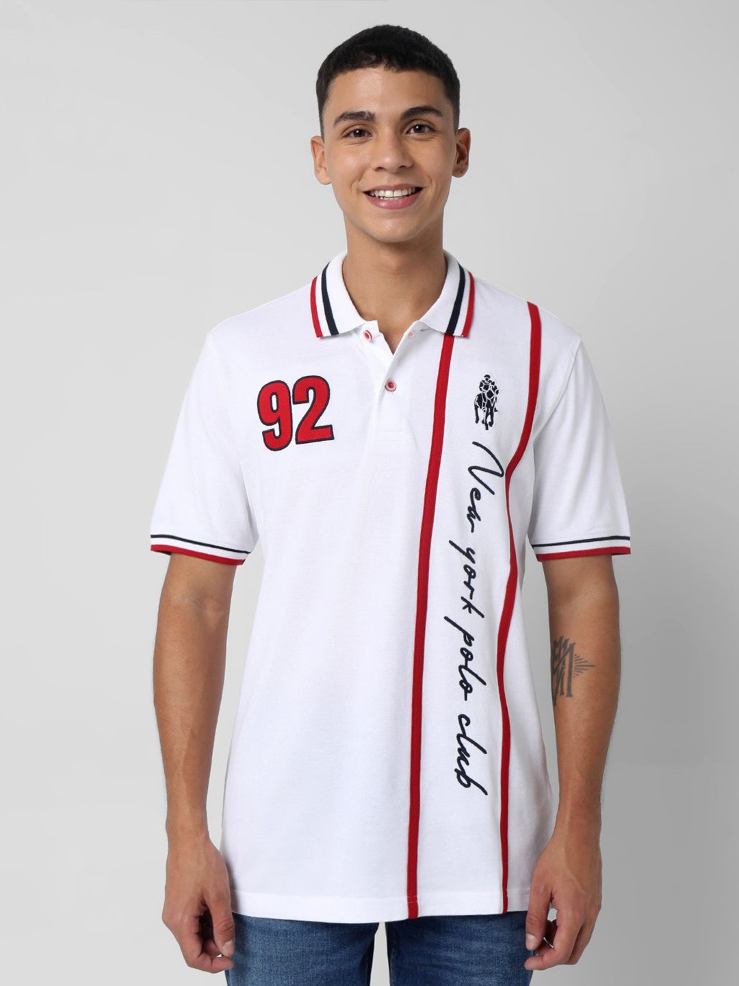 

R&B Men Printed Polo Collar Tshirt, White