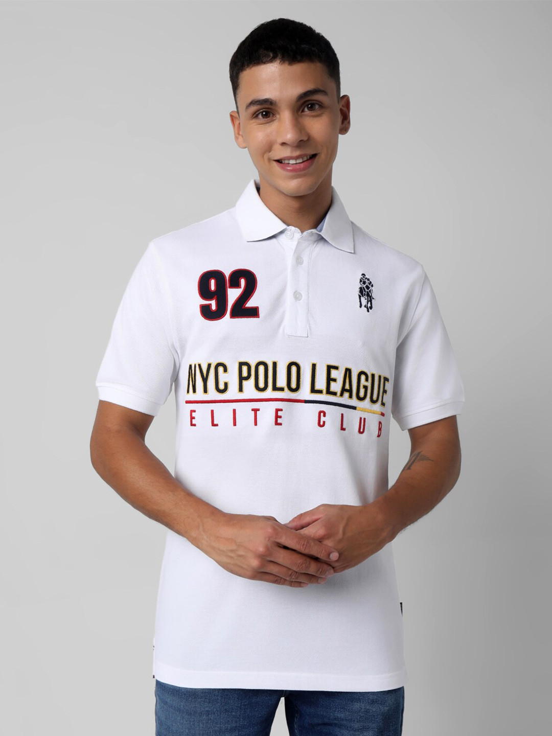 

R&B Men Typography Printed Embroidered Polo Collar T-shirt, White
