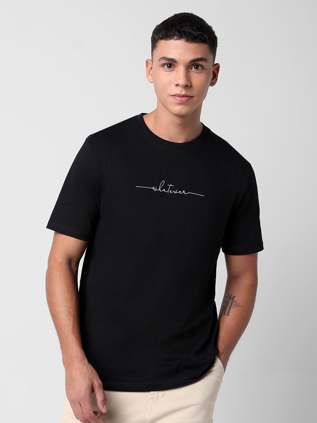 R&B Men Typography Printed Round Neck T-shirt, Black