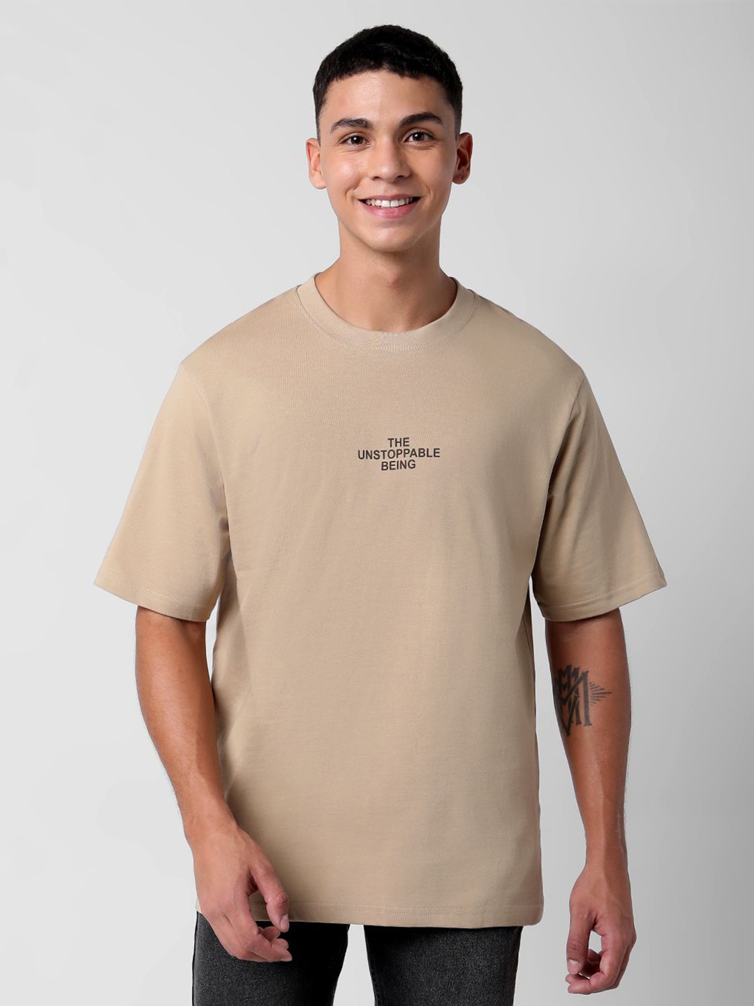 

R&B Men Typography Printed Round Neck Oversized T-shirt, Beige