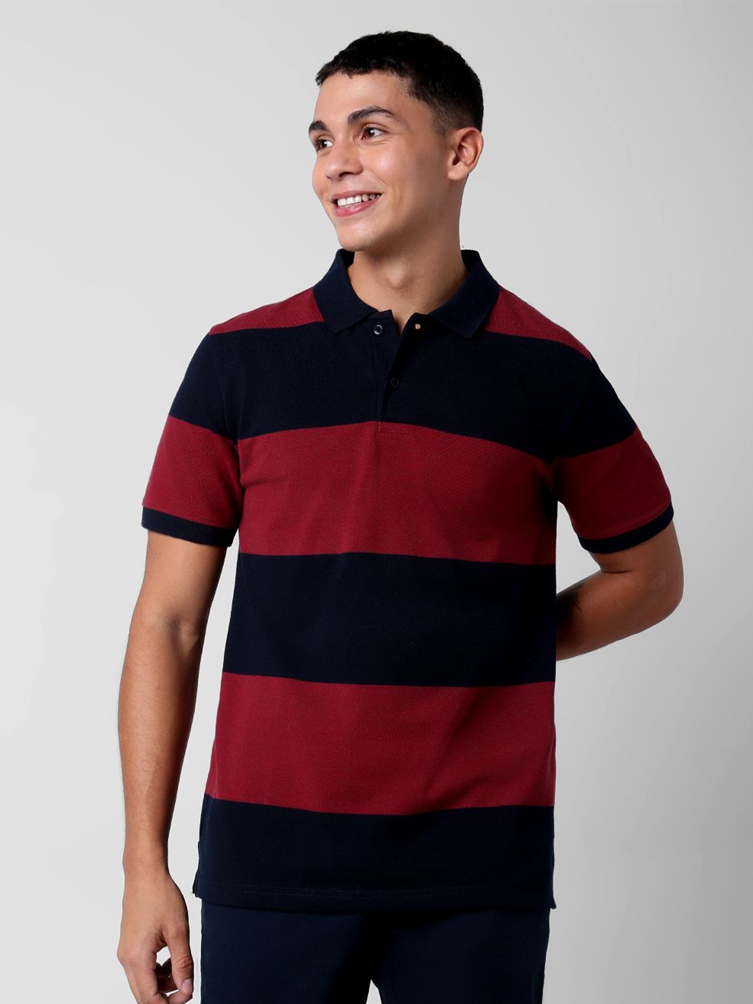 

R&B Men Striped Polo Collar T-shirt, Red