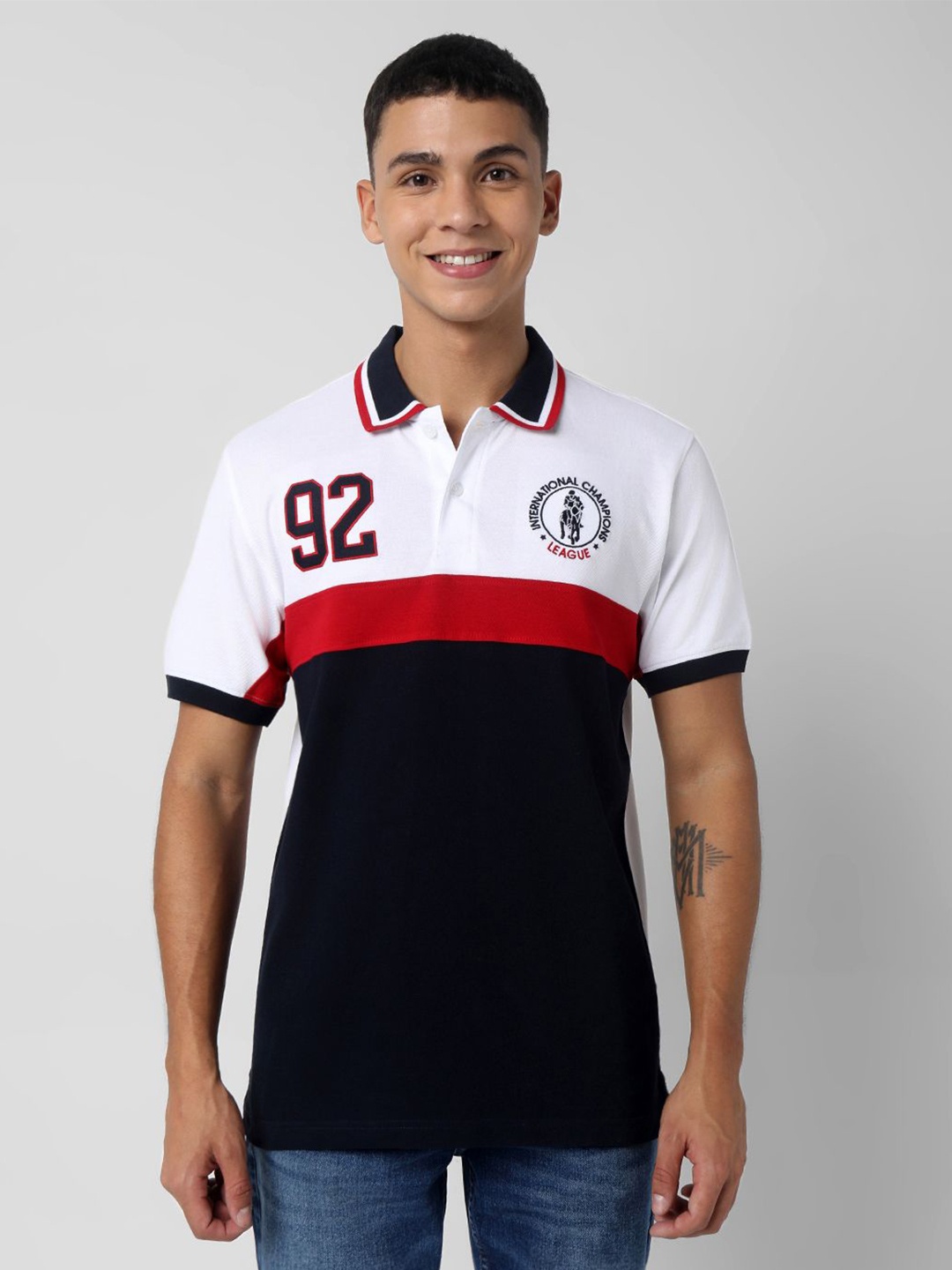 

R&B Men Polo Collar Embroidered Colourblocked T-shirt, White