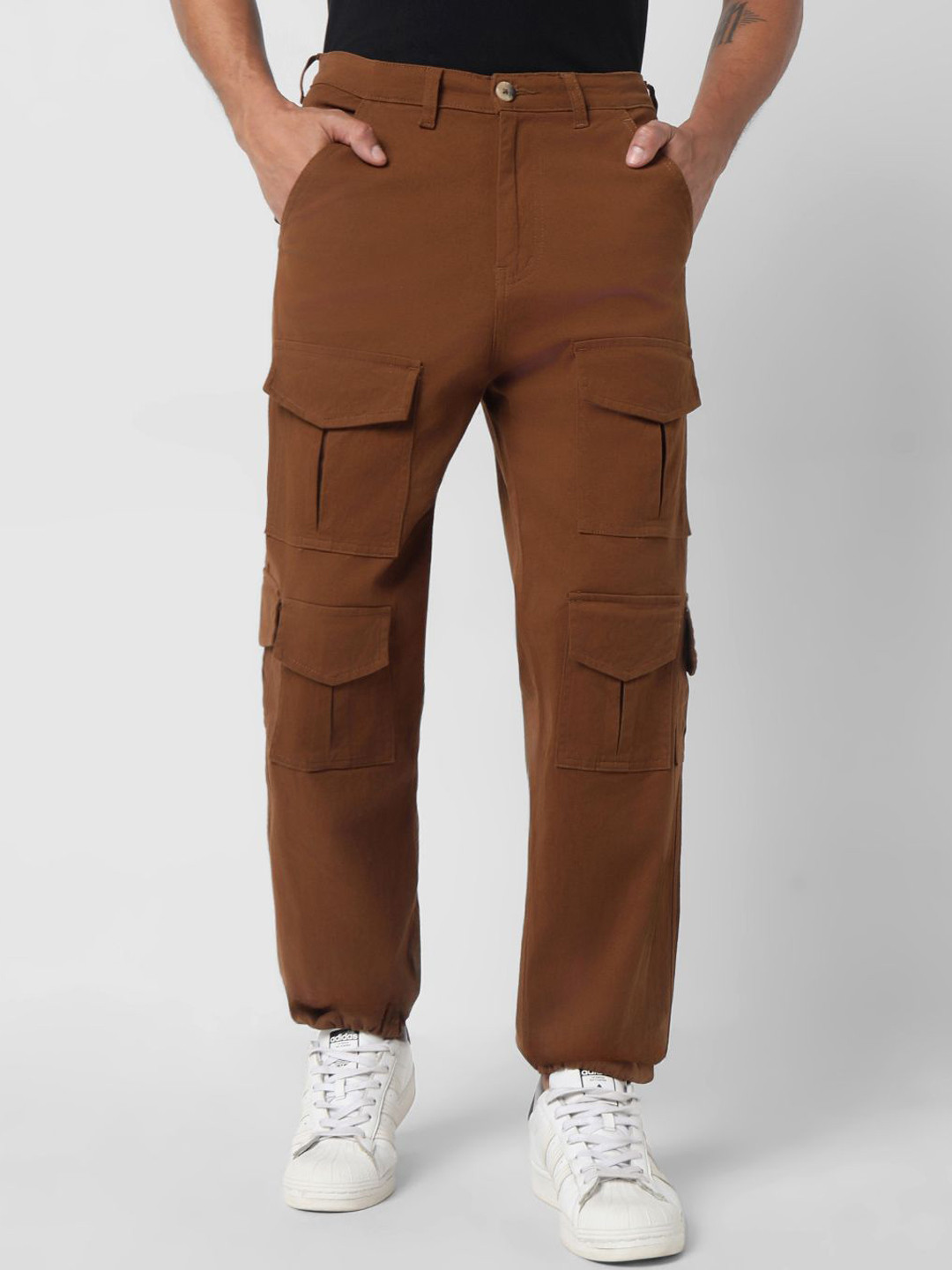 

R&B Men Solid Regular Fit Mid-Rise Cargos Trousers, Brown