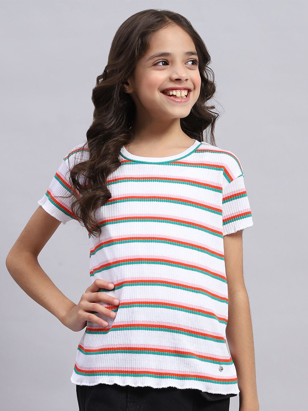 

Monte Carlo Girls Striped Round Neck Top, Off white