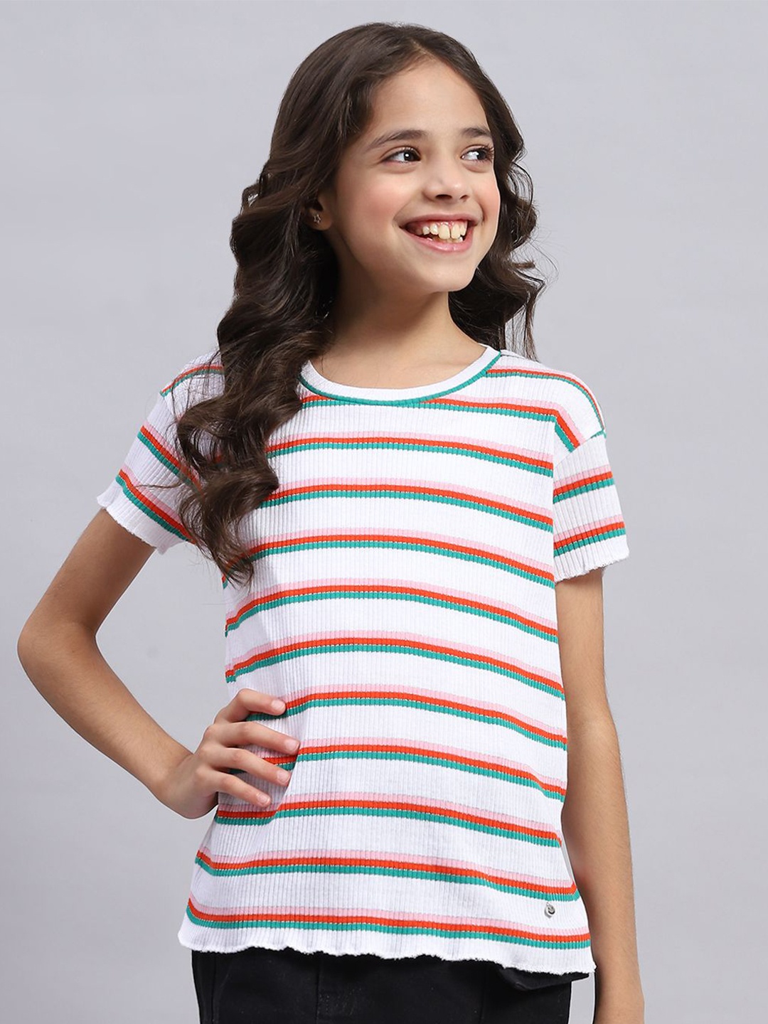 

Monte Carlo Girls Striped Round Neck Top, Off white