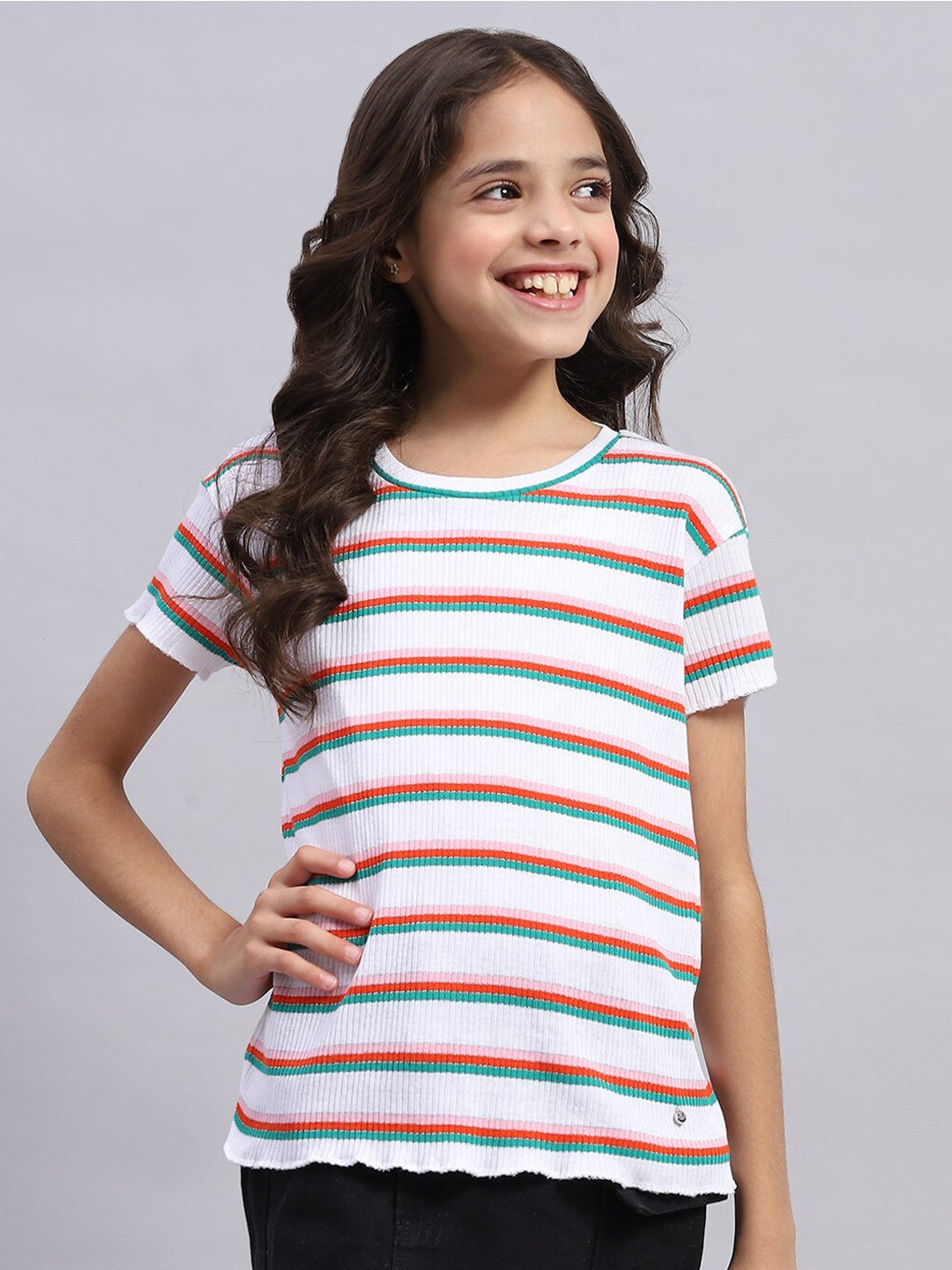 

Monte Carlo Girls Striped Round Neck Top, Off white