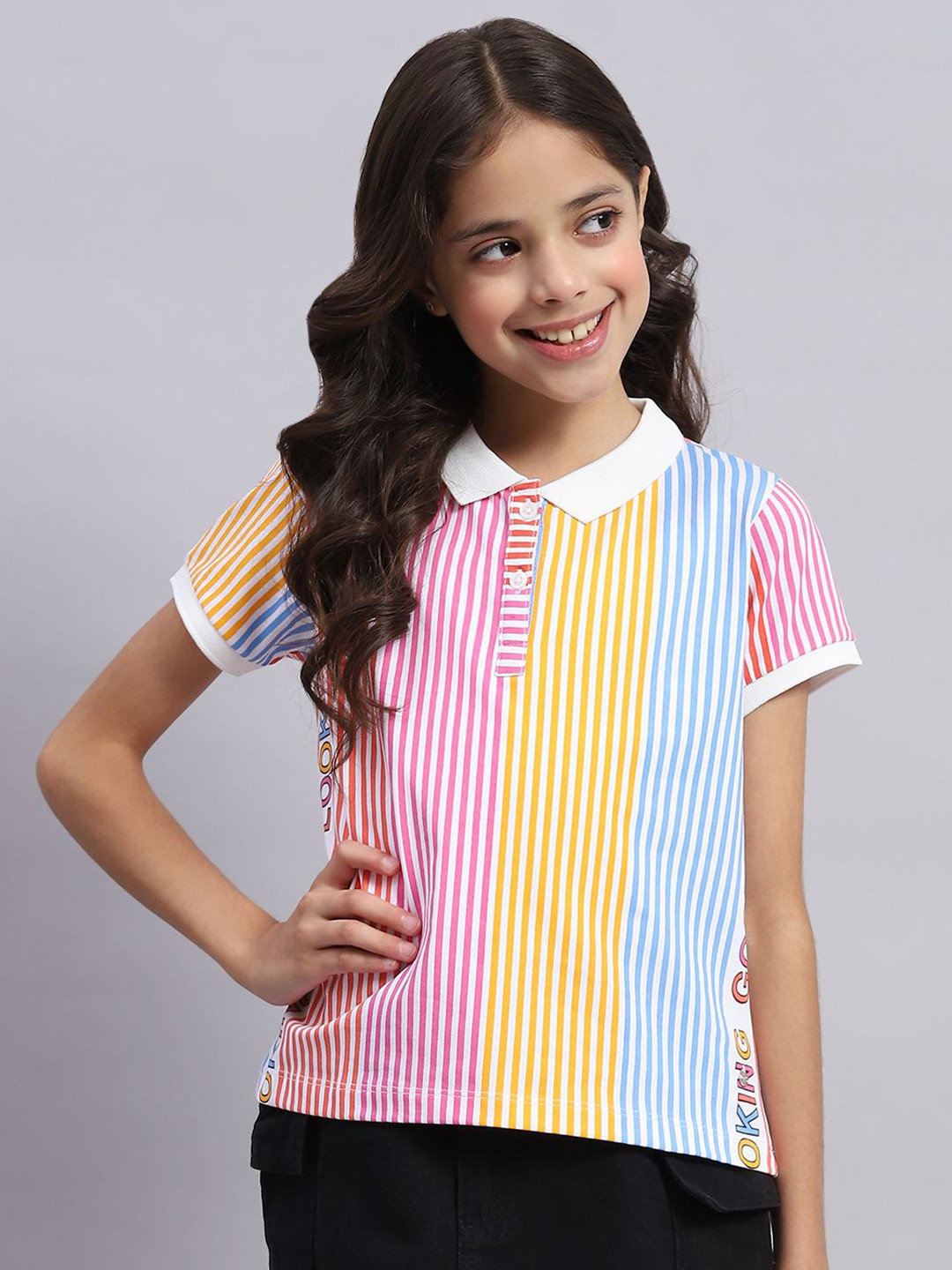

Monte Carlo Girls Striped Polo Collar T-shirt, Multi
