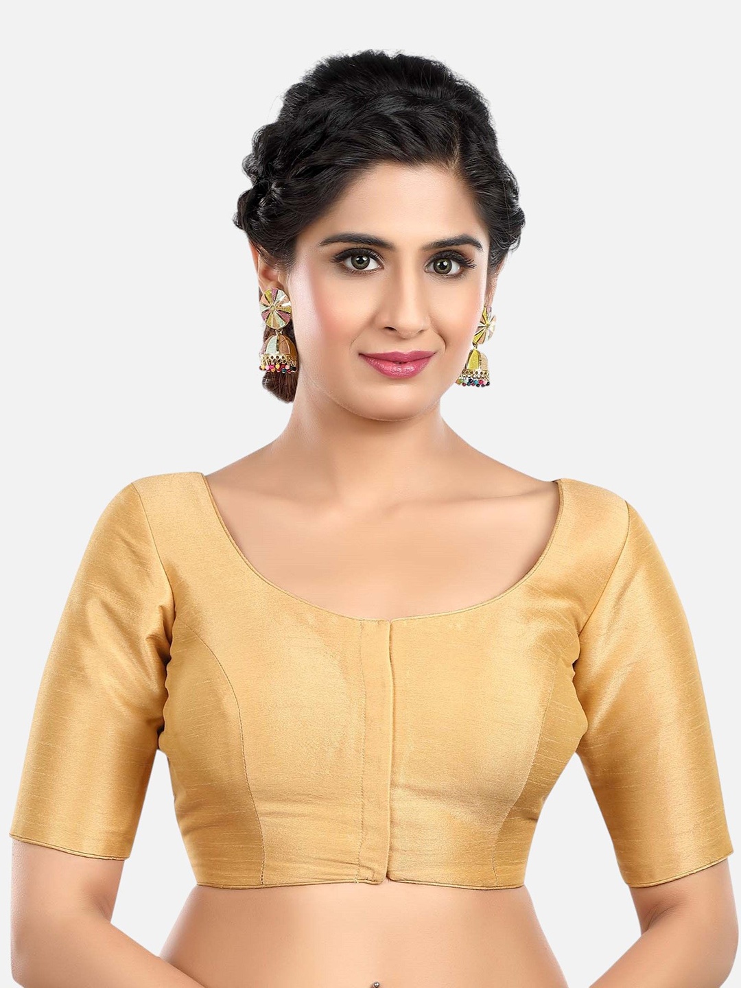 

FEMMIBELLA Solid Round Neck Readymade Saree Blouse, Gold