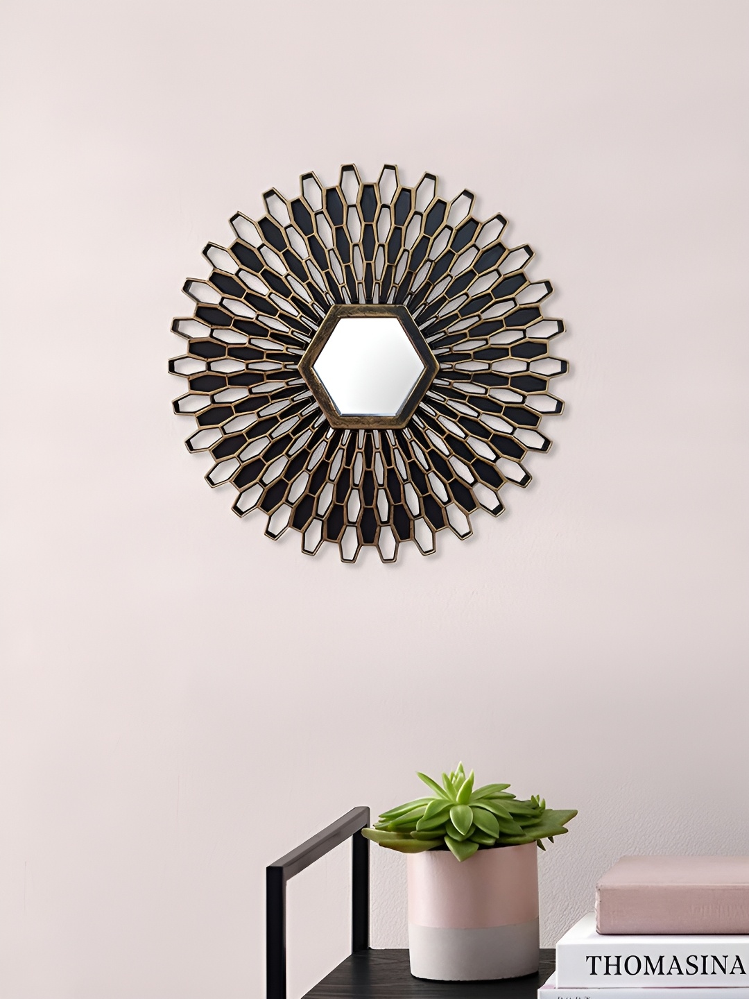 

Art Street Brown Lotus Petal Round Shape Designed Decorative Wall Mirror, Gold