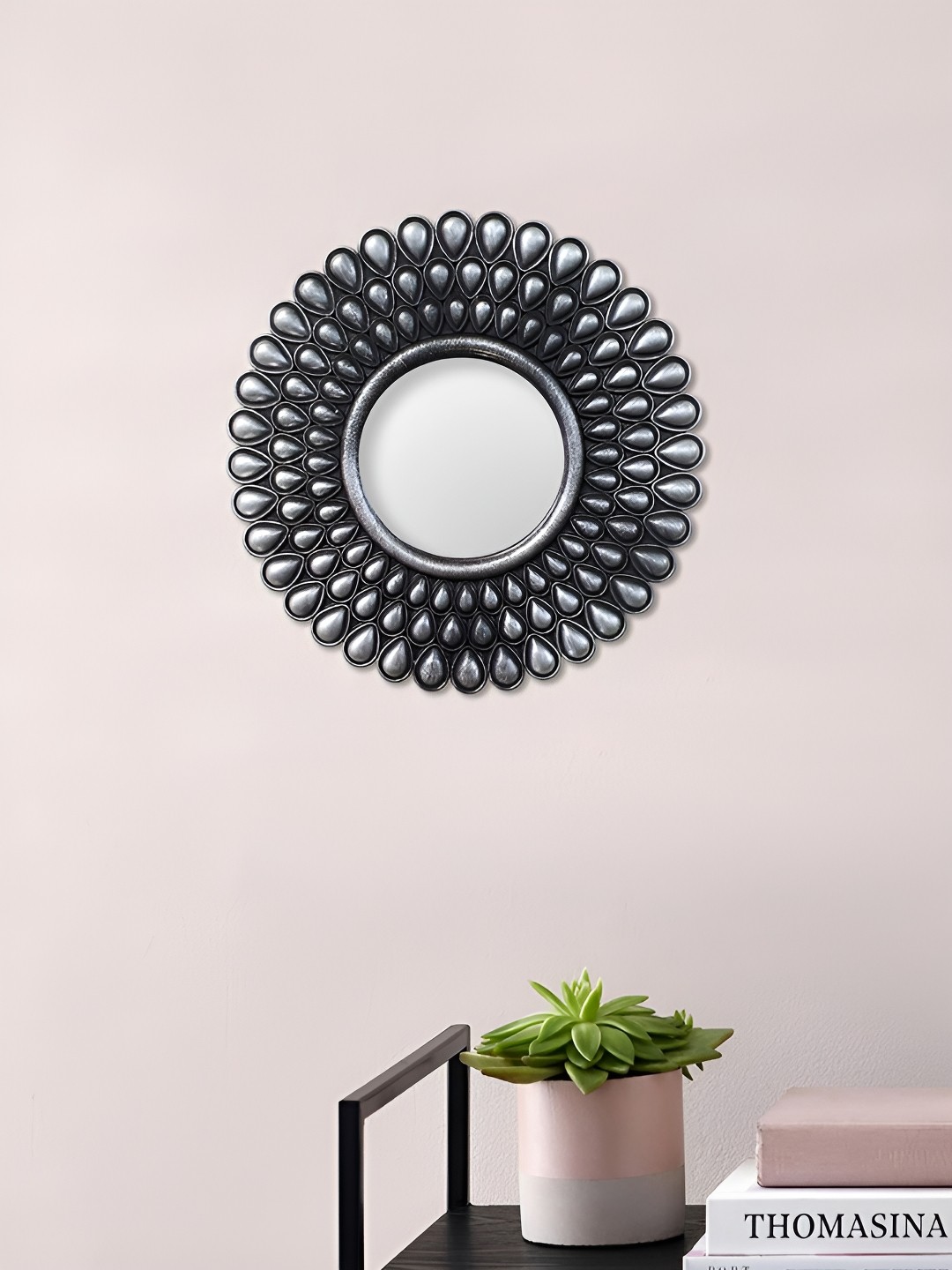 

Art Street Brown Round Shape Sunflower Designed Decorative Wall Mirror, Black