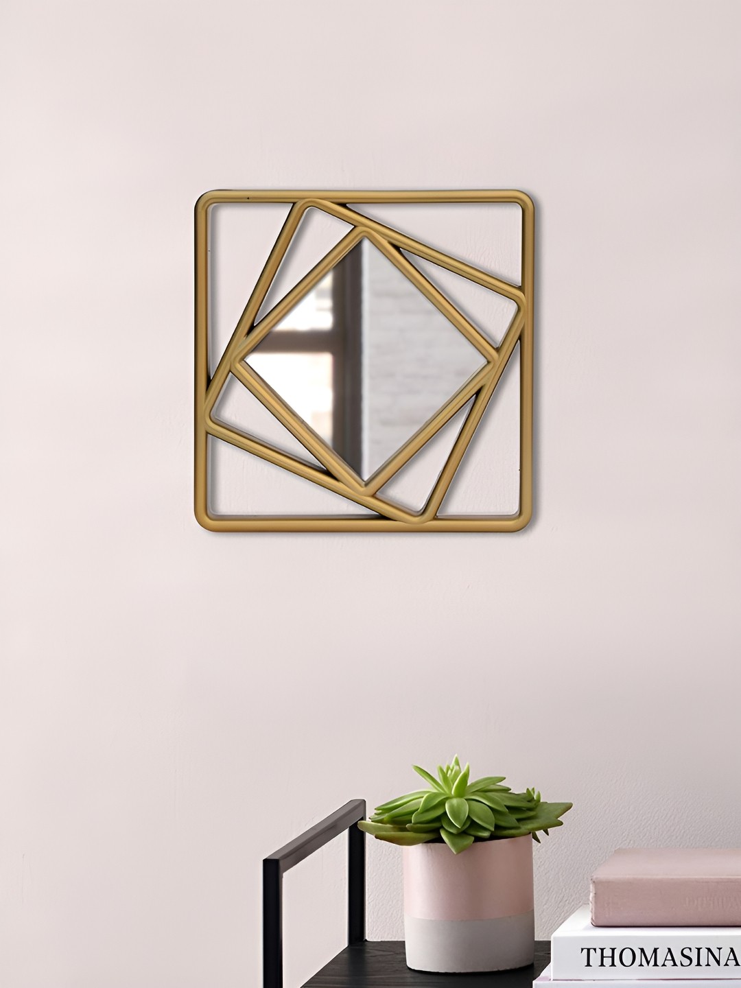 

Art Street Golden Framed Square Shape Textured Decorative Mirror, Gold