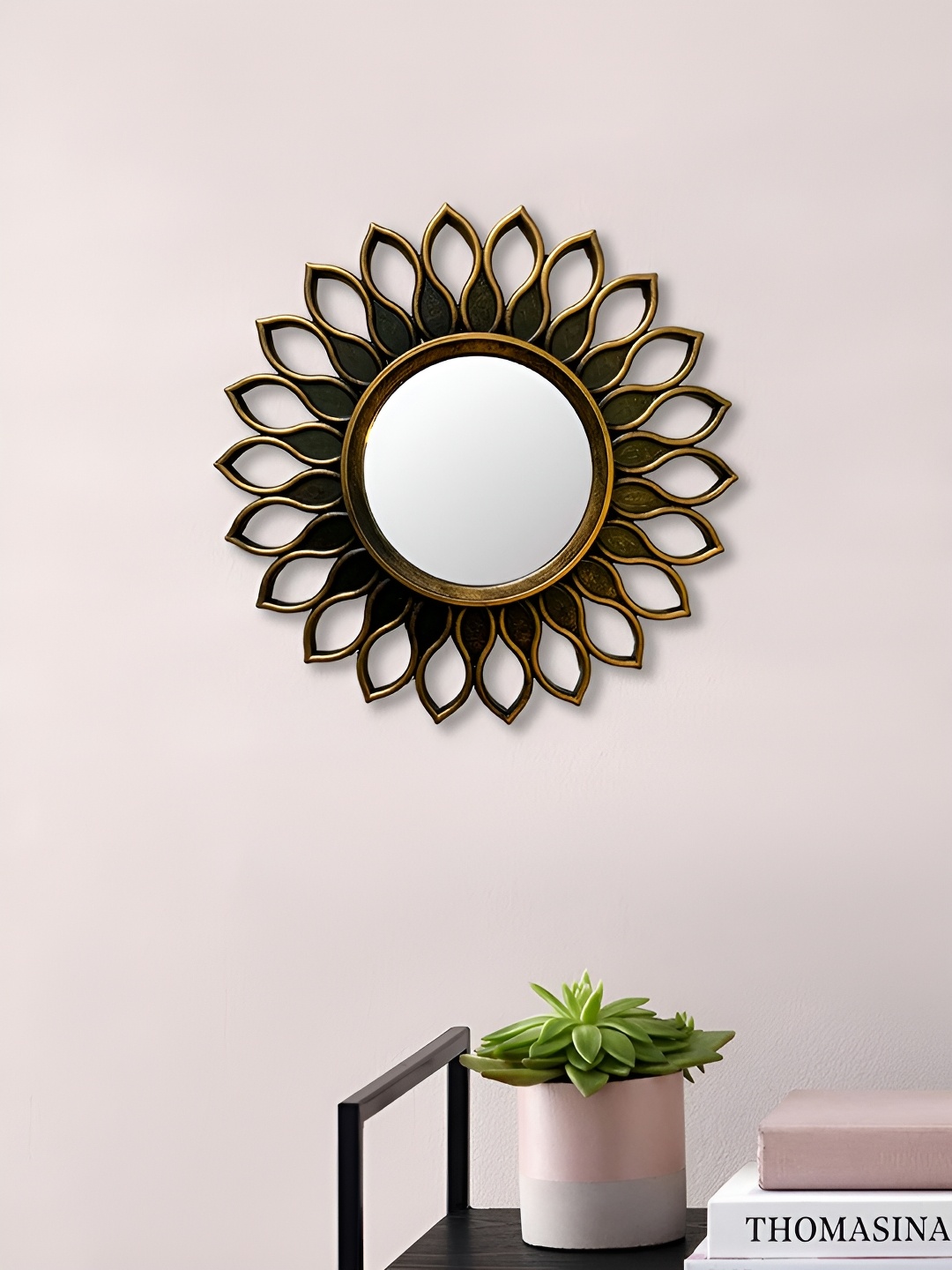 

Art Street Black Round Shape Sunflower Designed Decorative Wall Mirror, Gold