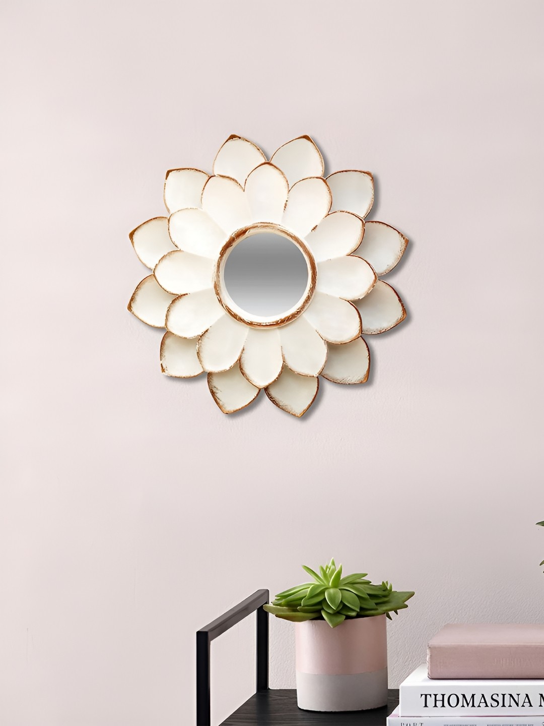 

Art Street Brown Textured Lotus Flower Shape Decorative Mirror, White