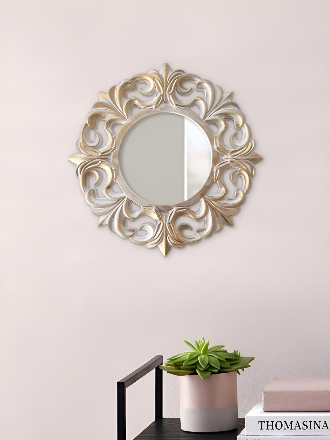 

Art Street White & Golden Beautiful Floral Shape Decorative Wall Mirror