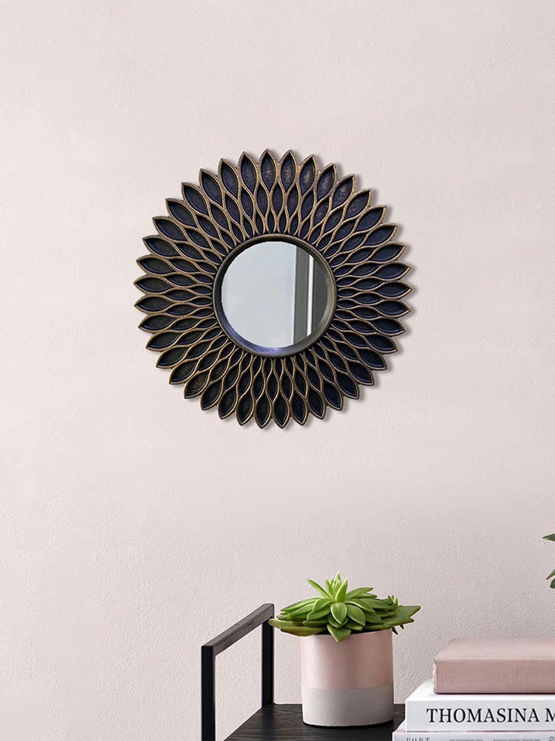 

Art Street Black Sunflower Designed Round Shape Decorative Wall Mirror
