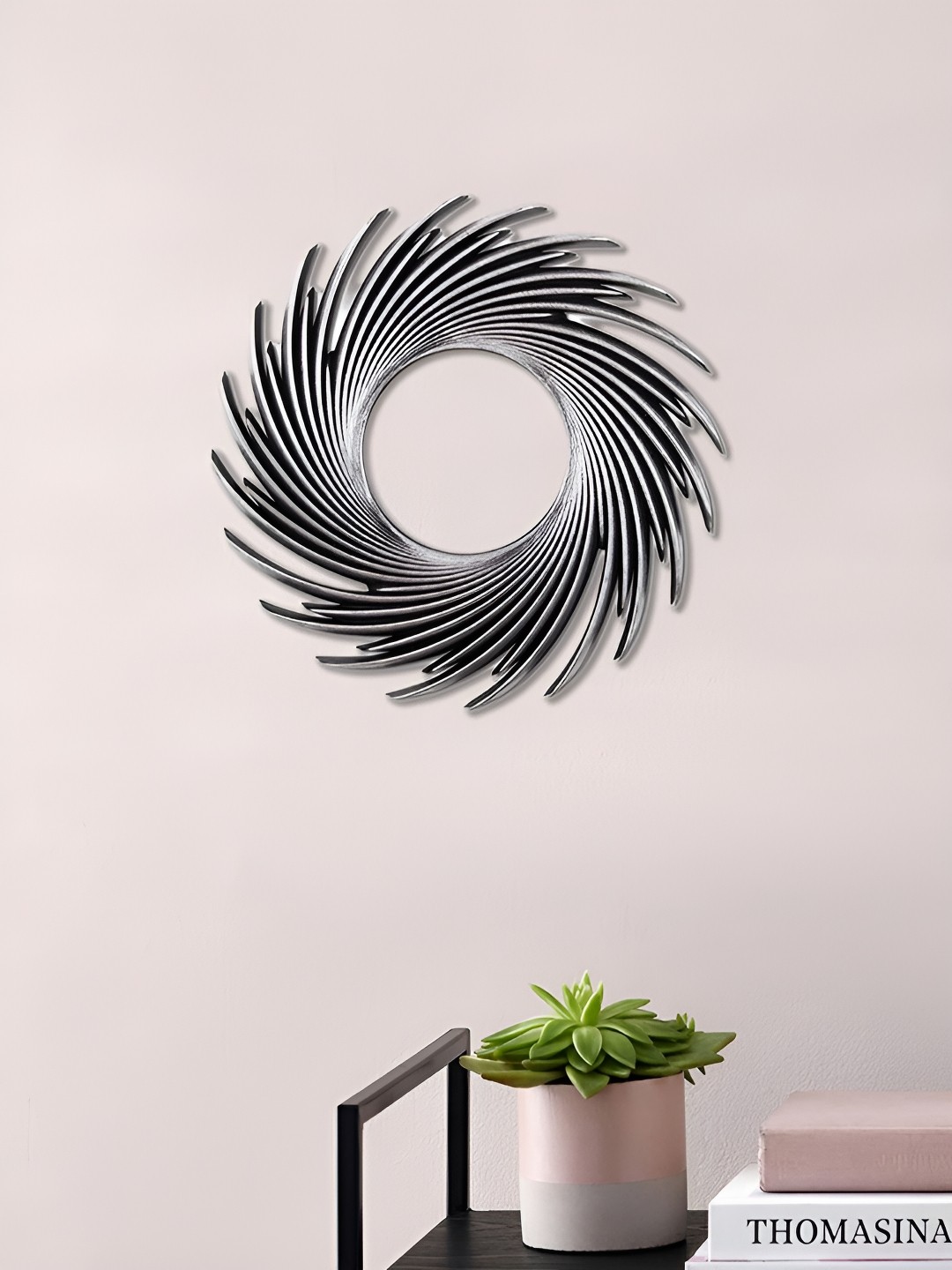

Art Street Black Spiral Sun Design Silver Textured Round Decorative Mirror