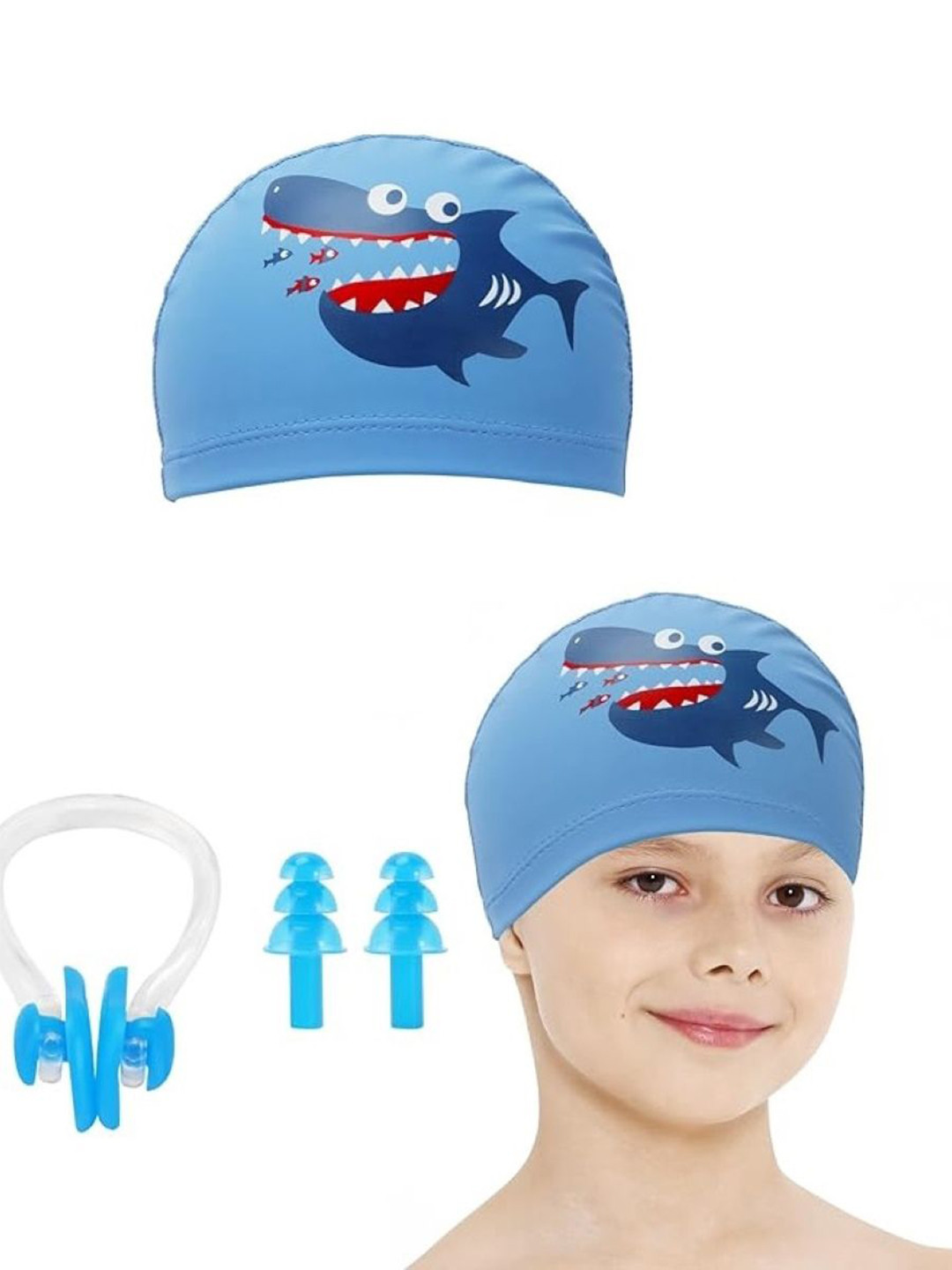 

EL REGALO Kids Printed Swim Cap & Nosepin With Earbuds, Blue