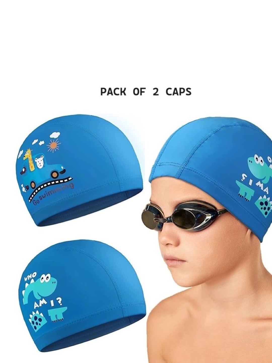 

EL REGALO Kids Pack Of 2 Printed Swimming Caps, Blue