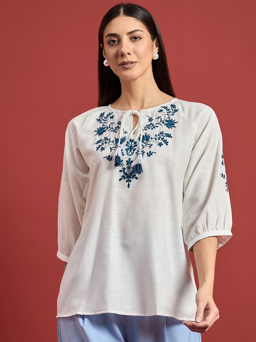 

all about you Tie-Up Neck Embroidered Top, White