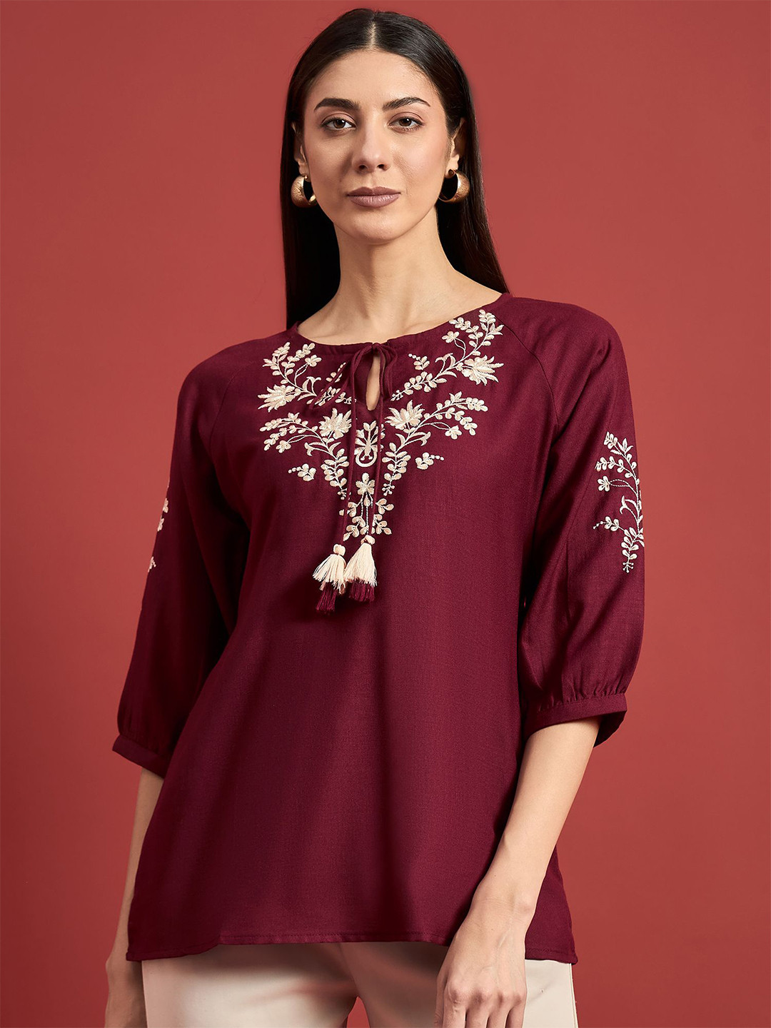

all about you Tie-Up Neck Embroidered Top, Maroon