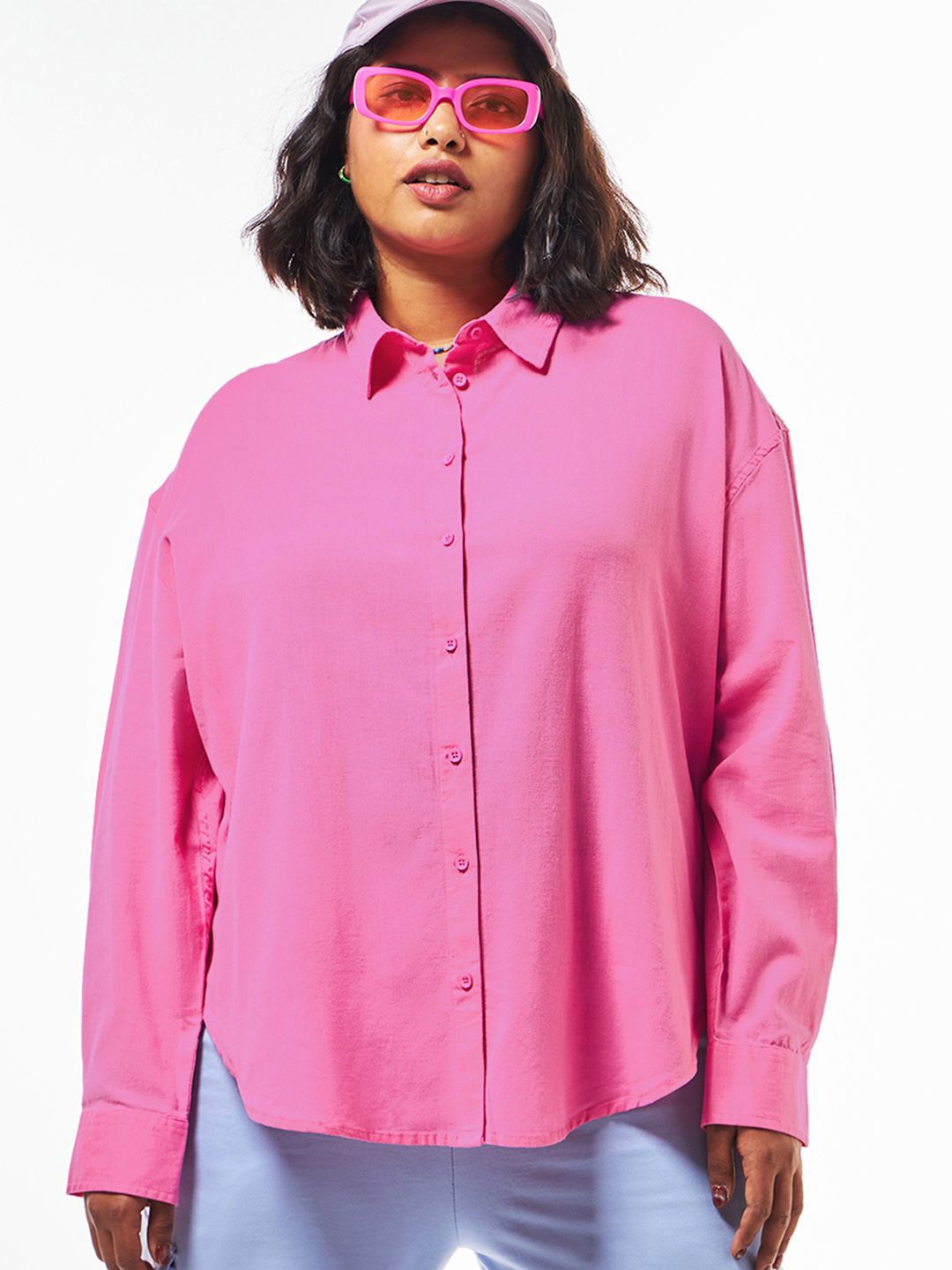 

Bewakoof Women Solid Cotton Linen Oversized Plus Size Shirt, Pink