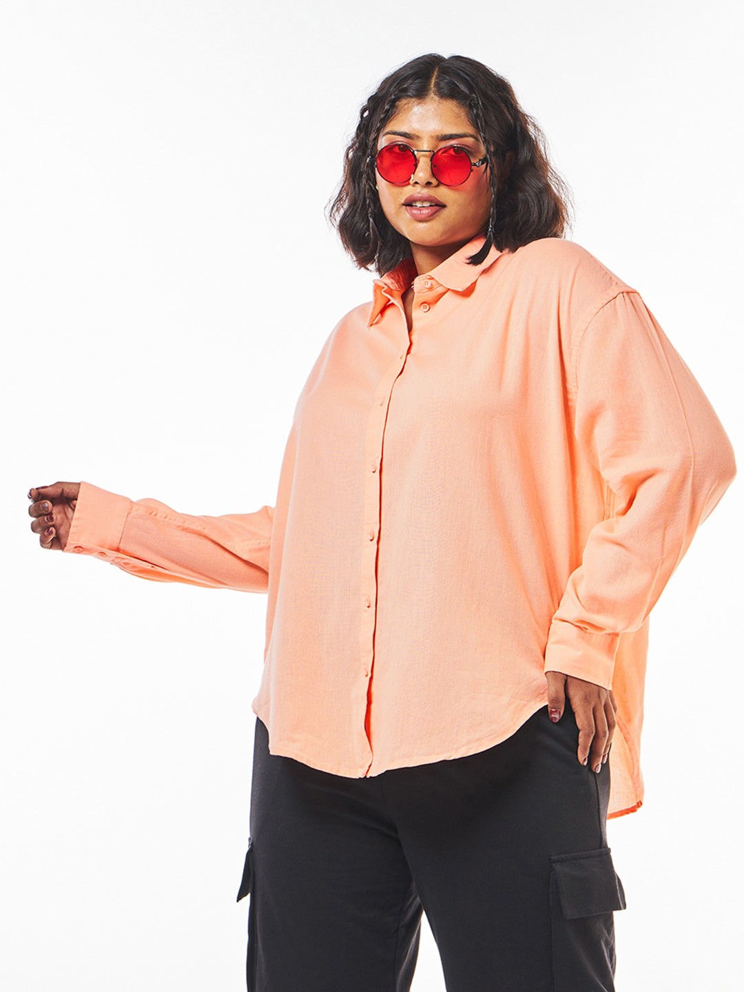 

Bewakoof Women Solid Cotton Linen Oversized Plus Size Shirt, Orange