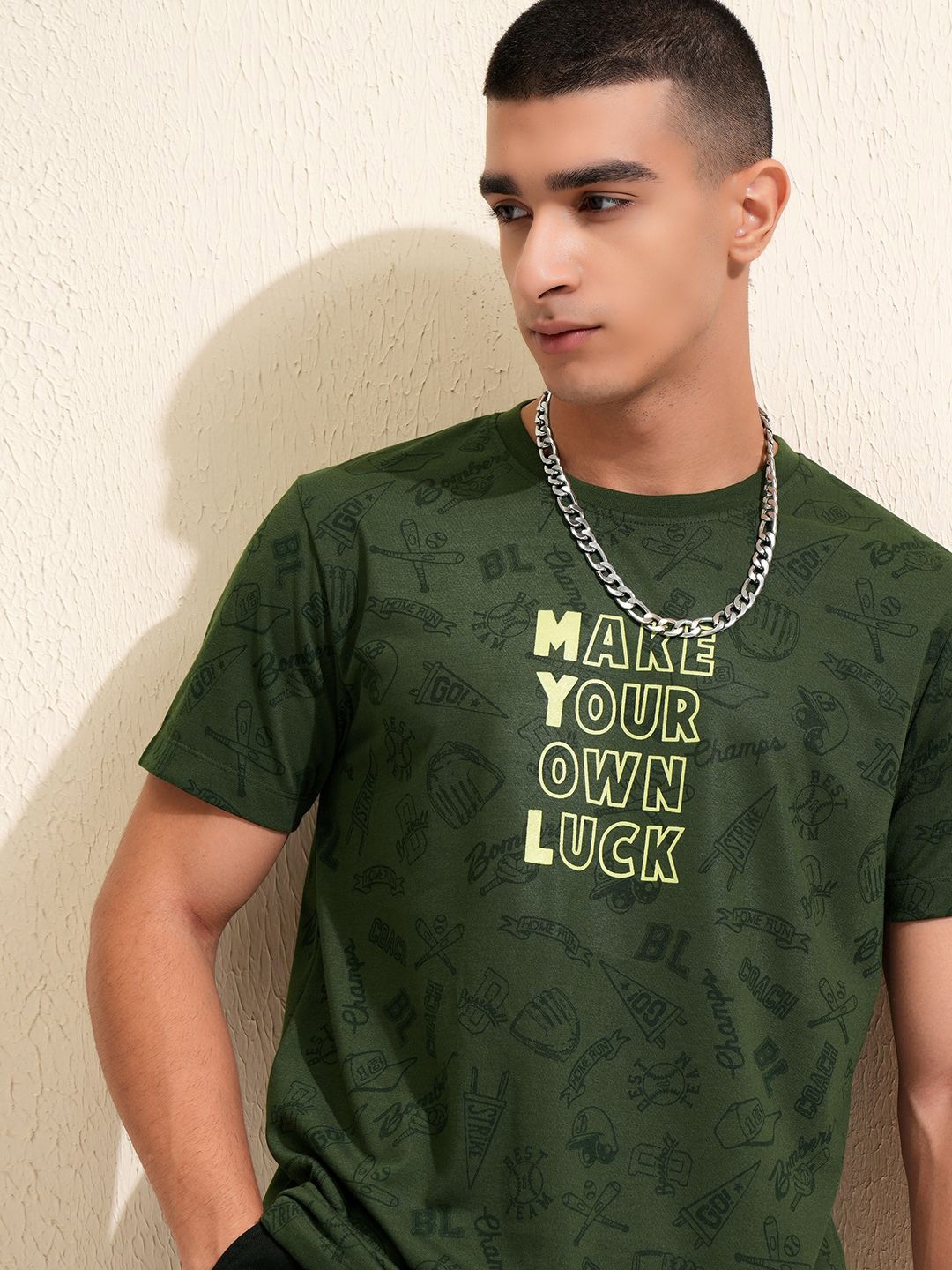 KETCH Men Typography Printed Round Neck T-shirt, Olive
