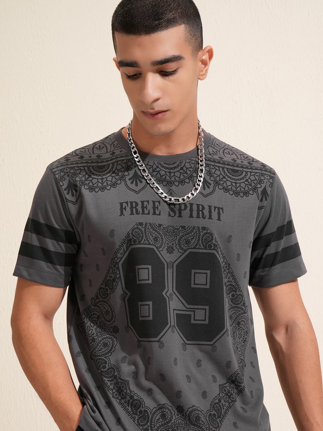 

KETCH Men Varsity Printed Round Neck T-shirt, Charcoal