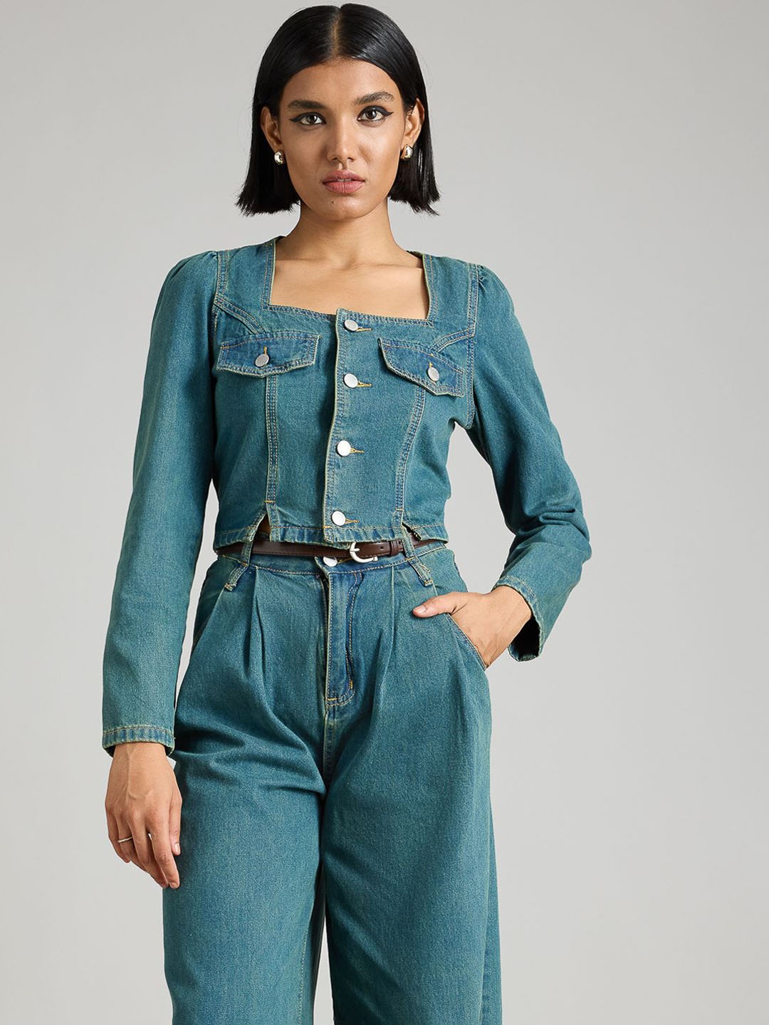 

FREAKINS Women Washed Longline Denim Jacket with Patchwork, Blue