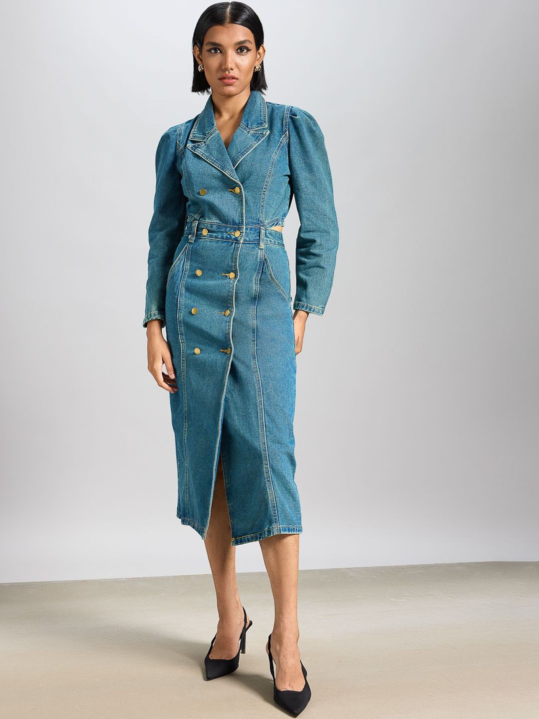

FREAKINS Women Striped Longline Denim Jacket, Blue
