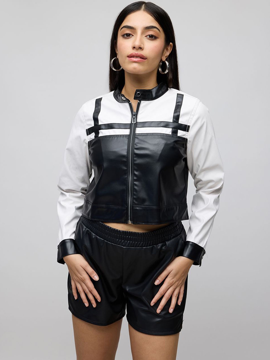 

FREAKINS Women Leather Longline Bomber Jacket, White