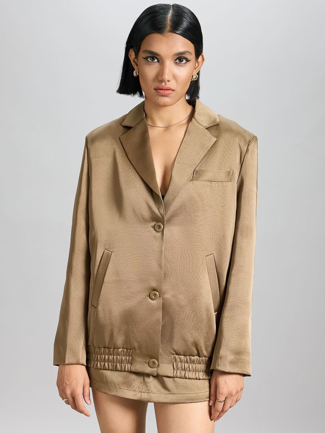 

FREAKINS Women Camouflage Striped Longline Tailored Jacket, Brown