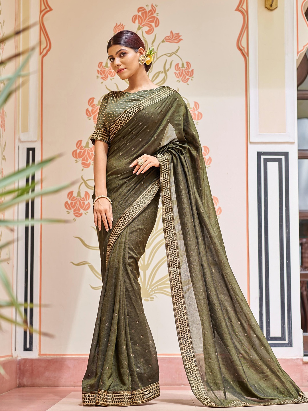 

Mitera Embellished Beads and Stones Saree, Green