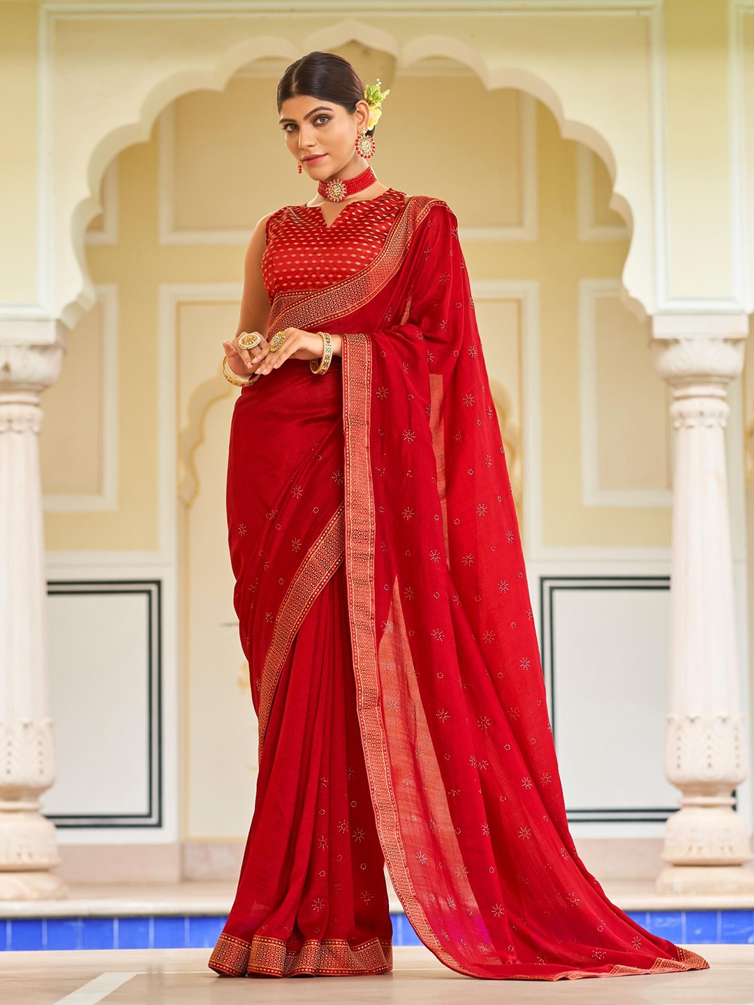 

Mitera Embellished Beads and Stones Saree, Red
