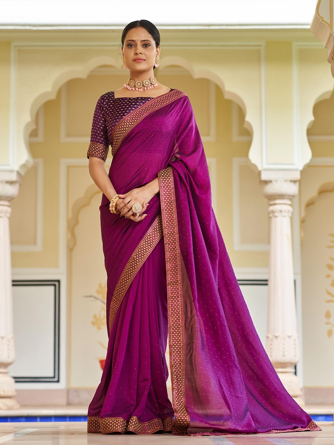 

Mitera Embellished Beads and Stones Silk Blend Saree, Purple