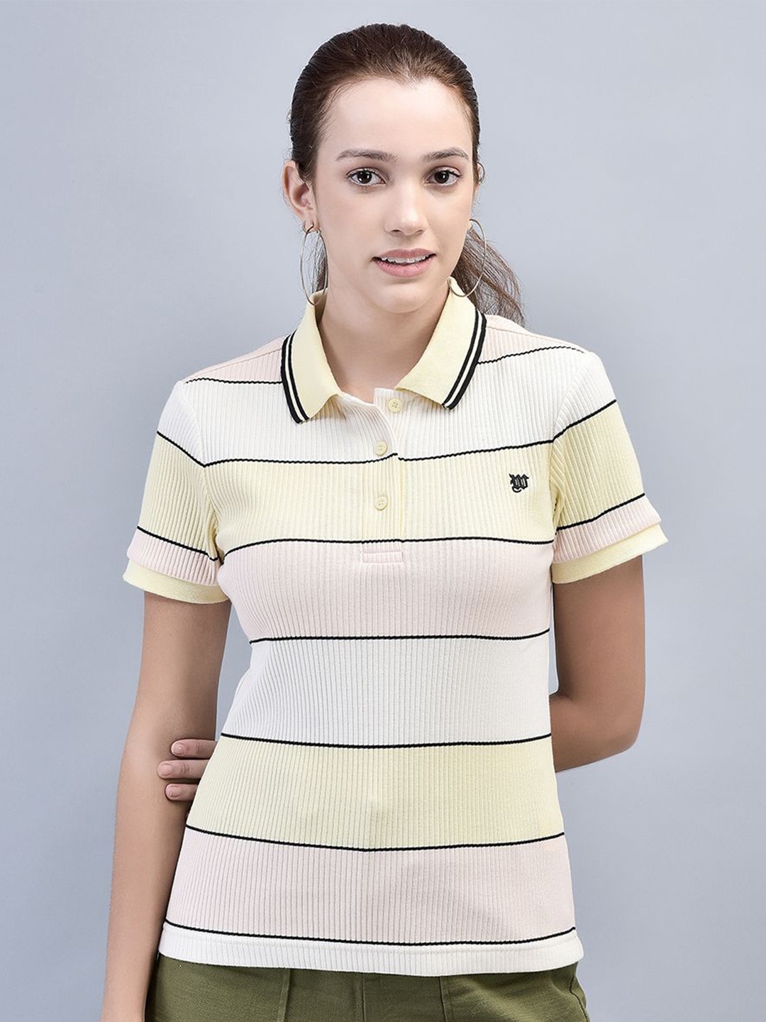 

Woods Women Striped Polo Collar T-shirt, Multi